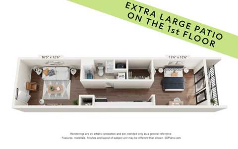 A floor plan of a house with a large patio on the first floor.